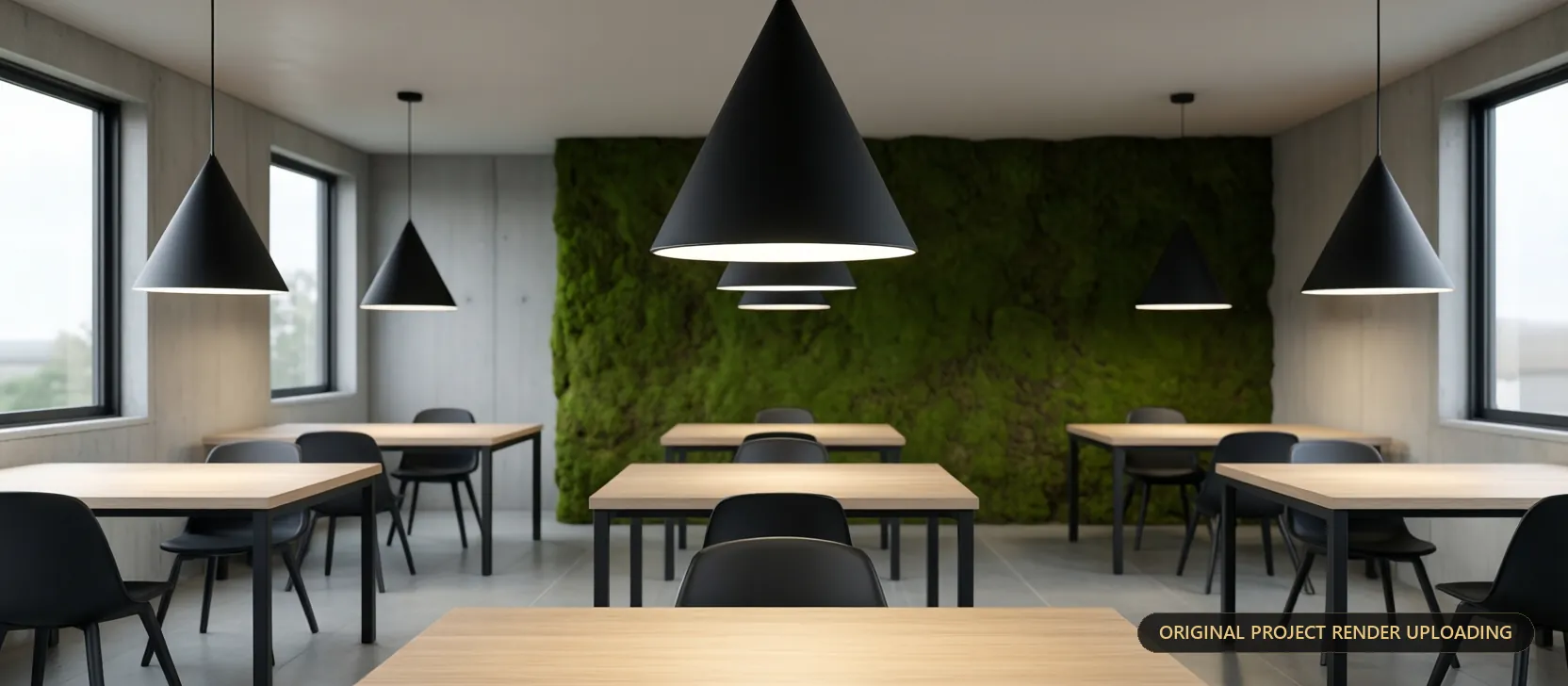 Task lighting throw from a pendant directly over a desk surface, showing shadow control — 3D rendering