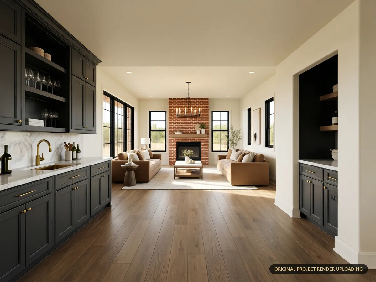 Circulation between the bar area, main living room and concealed pantry access — 3D rendering