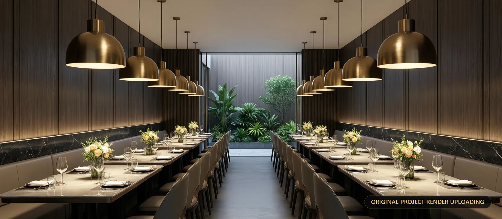 Dining booth showing pendant light falloff across a polished tabletop with floral accents — 3D rendering