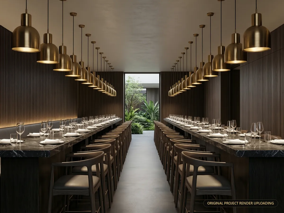 Pendants in linear alignment above high-top dining counters — 3D rendering