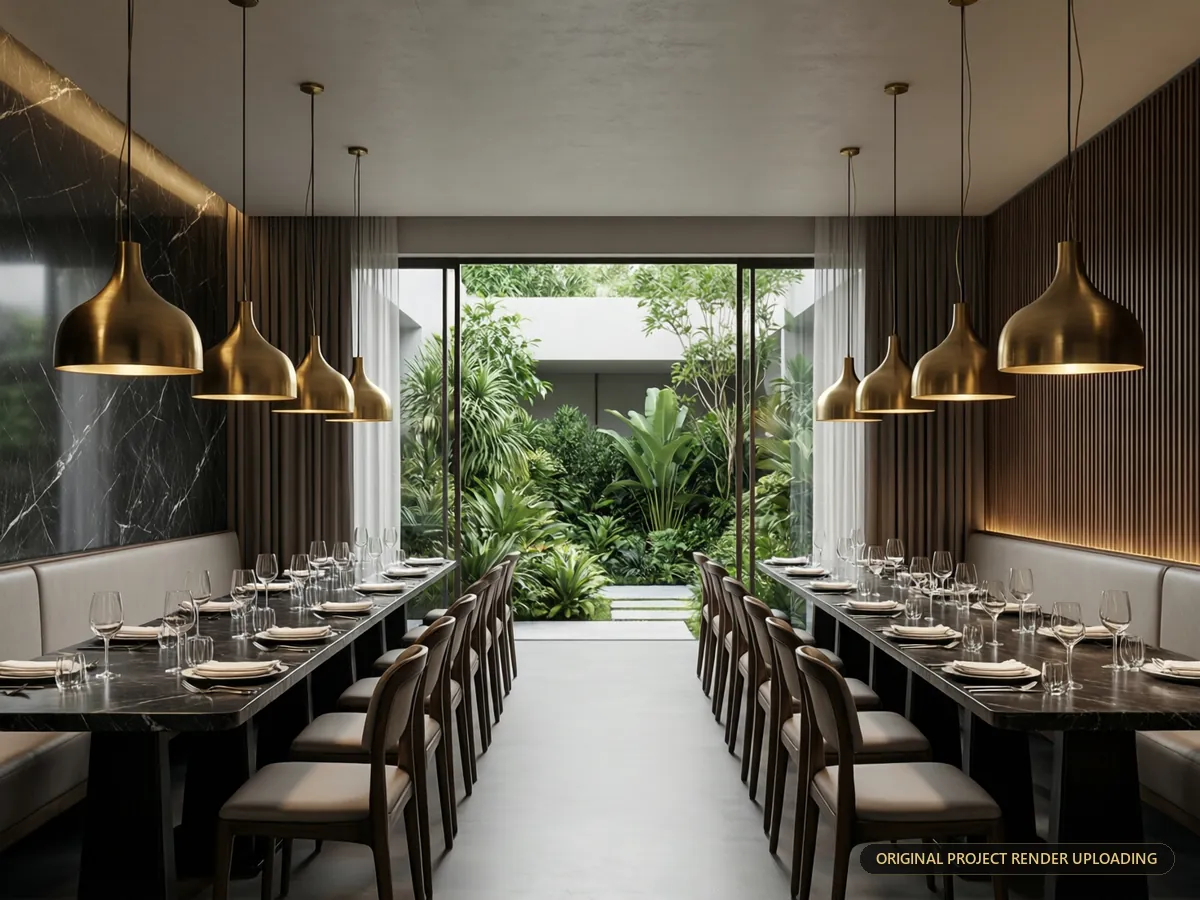 Dining room opening onto a lush planted interior courtyard — 3D rendering