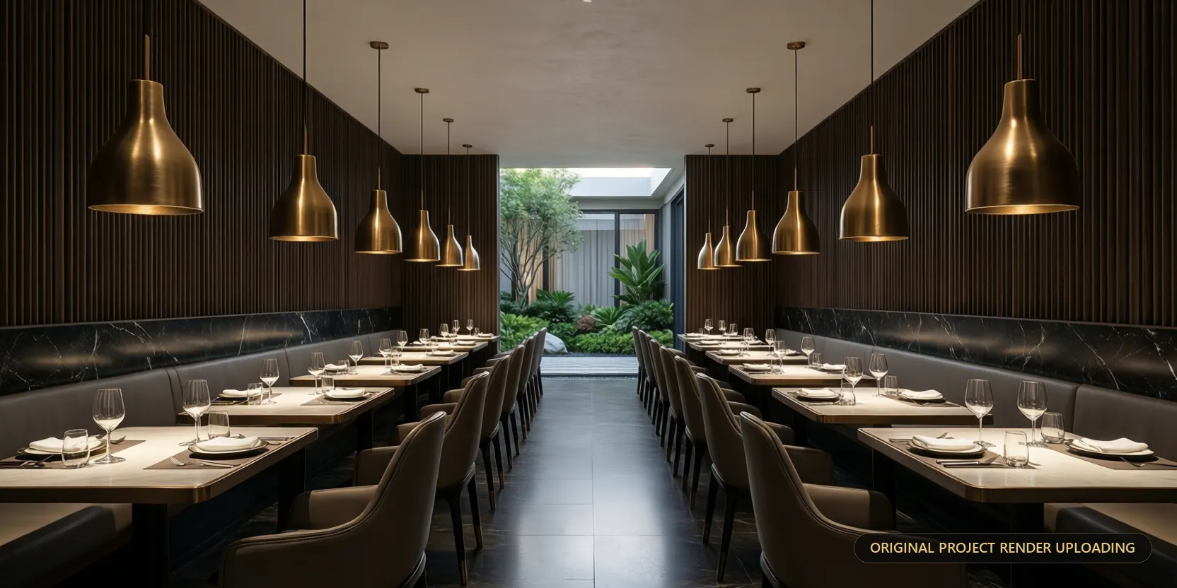 Dual rows of Yoko-Glono pendants down a restaurant dining aisle — 3D render