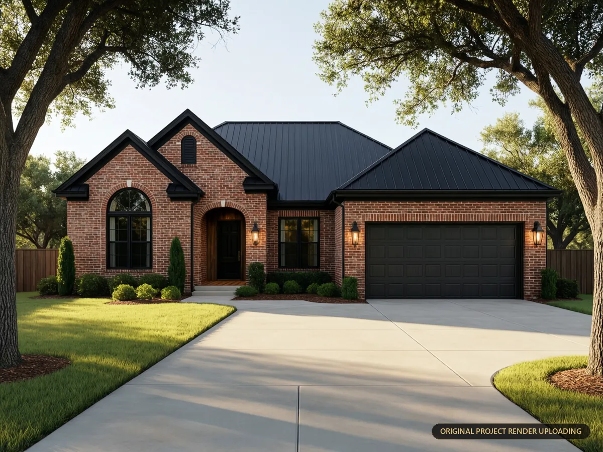 Driveway approach framing the main entrance, garage massing and tree canopy — 3D rendering