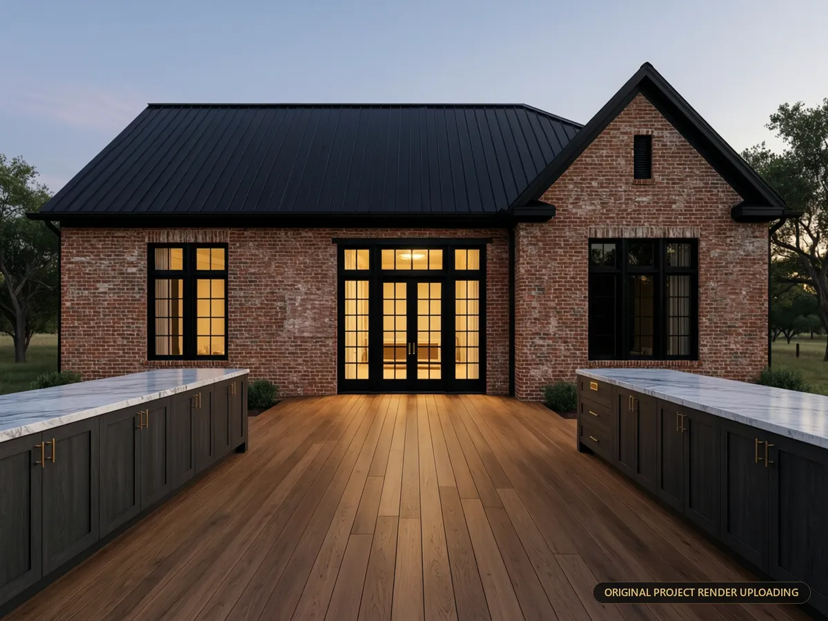 Dusk elevation showing interior light spill through black window mullions against an evening sky — 3D rendering