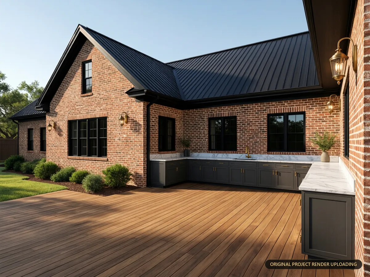 Rear entertainment patio with outdoor living area and exterior wall sconce lighting — 3D rendering