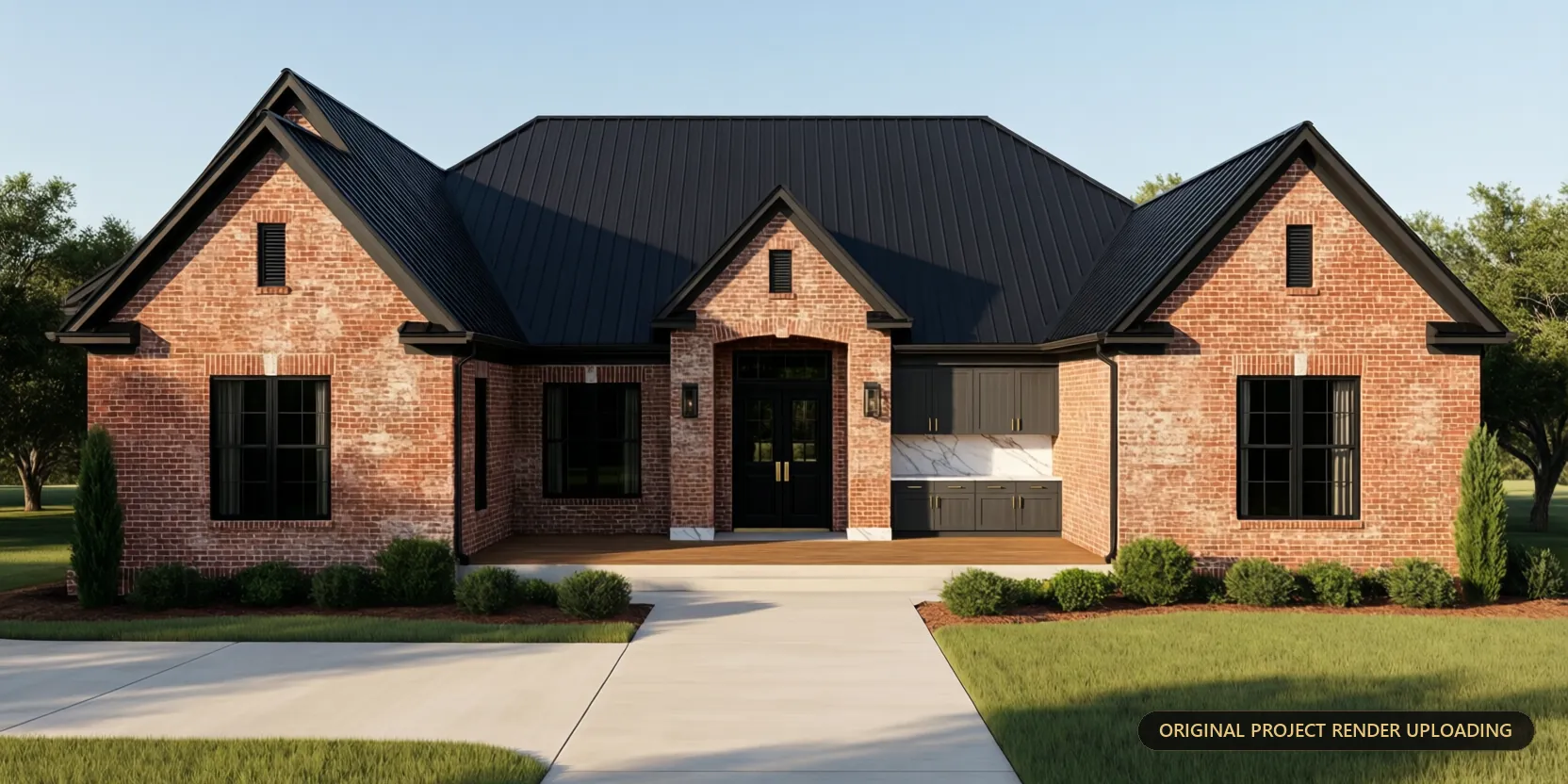 Southwest elevation of a luxury Texas residence in red brick — 3D render