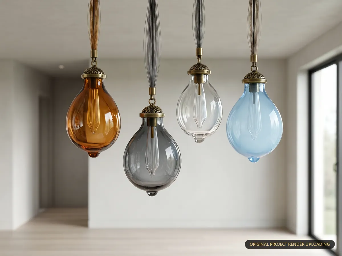 Amber, smoked grey, clear and soft blue hand-blown glass pendant options — 3D rendering