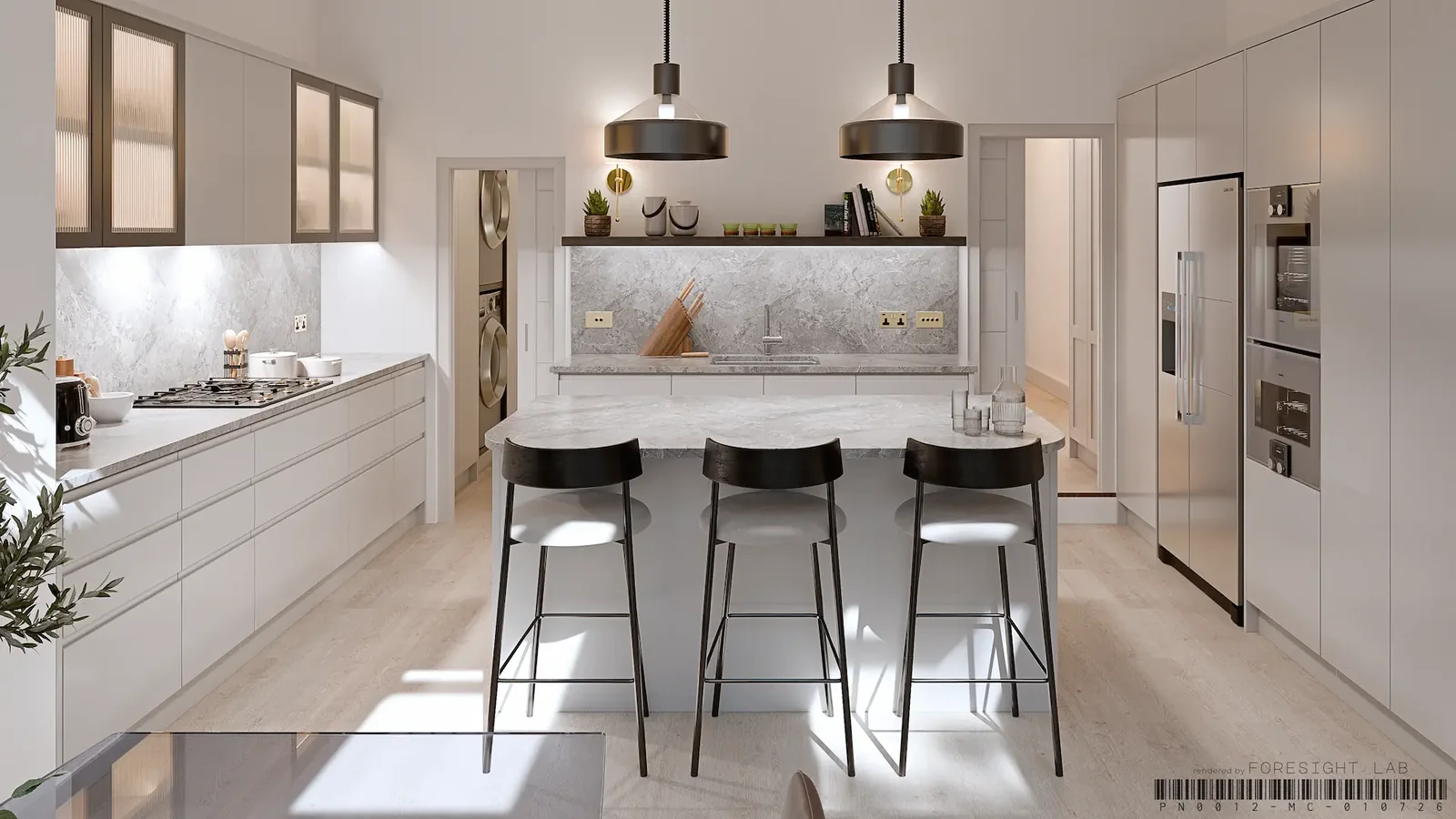 Kitchen and dining in a UK ground floor extension — 3D render