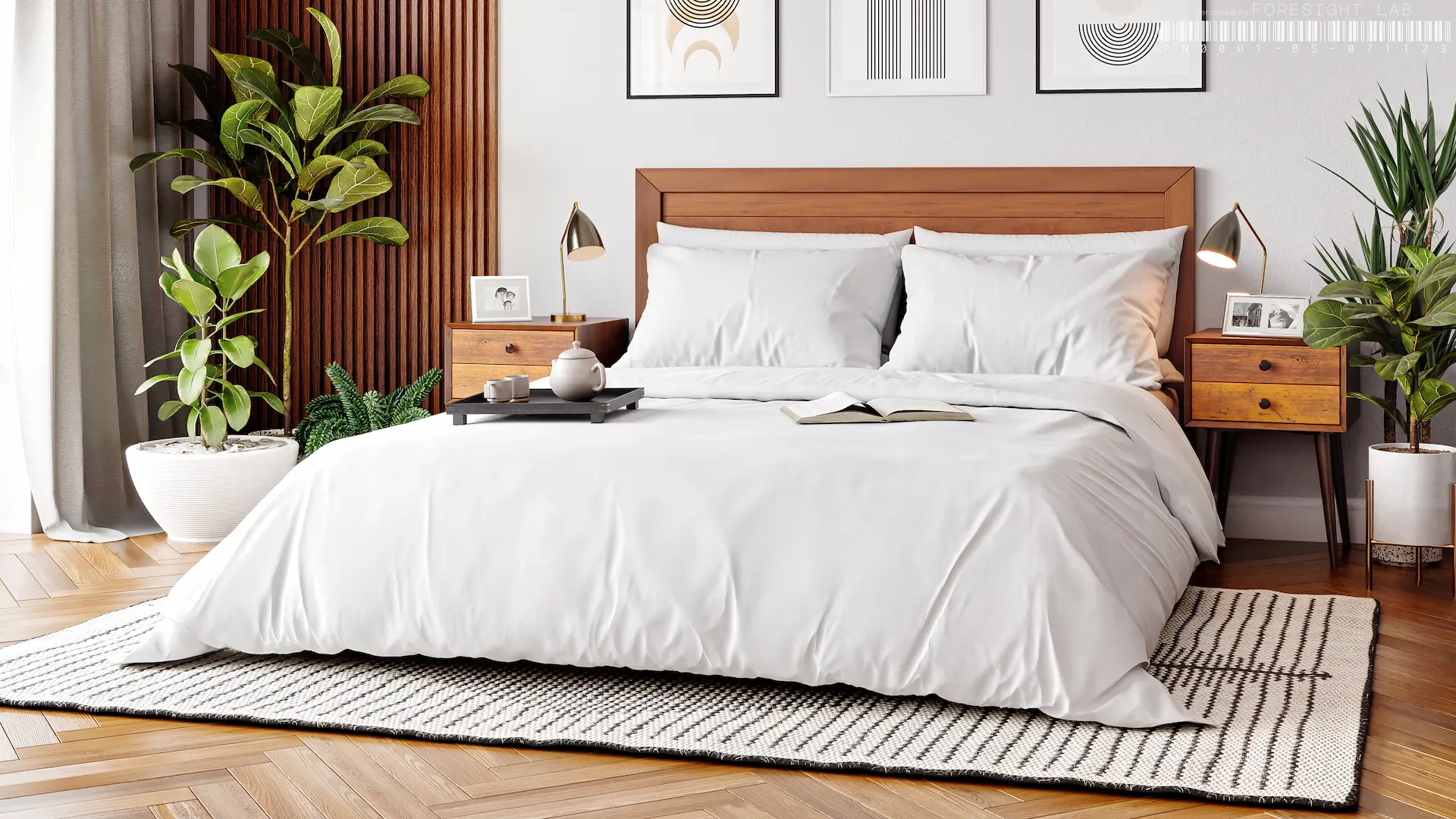 White bed linen and duvet set styled in a Mid-Century bedroom — photorealistic 3D rendering