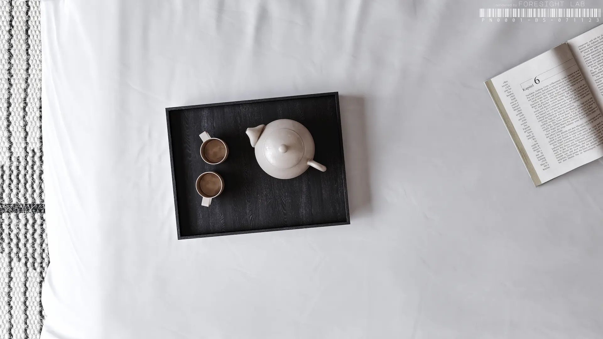 Overhead flat lay of white bed linen showing weave and surface texture — 3D rendering