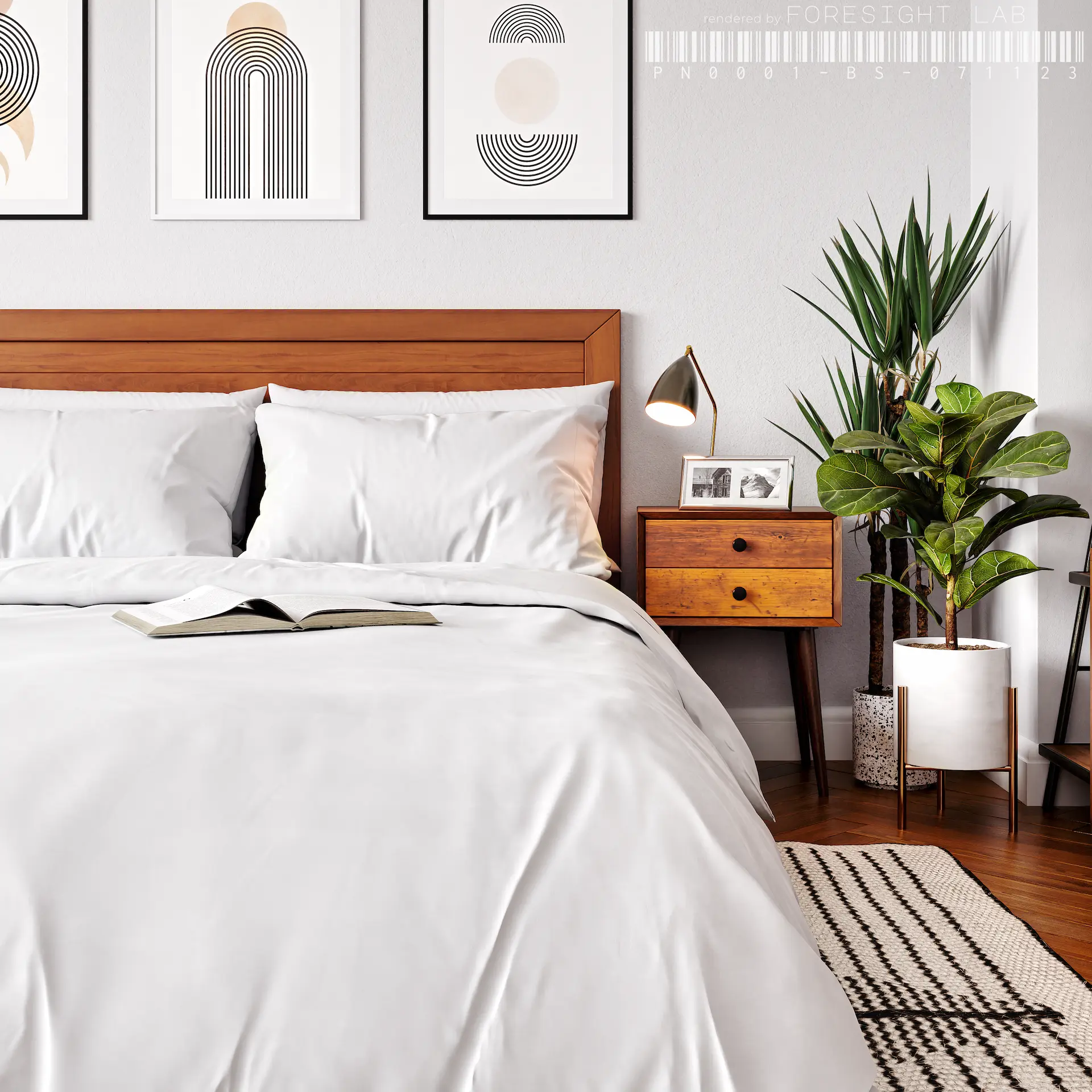 Close view of white pillows and duvet showing cotton texture and fold — 3D rendering
