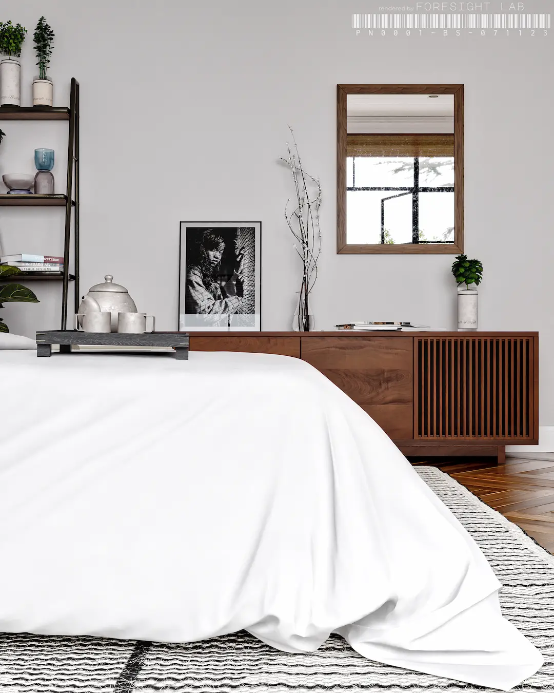 White duvet cover draped over the foot of a bed showing natural fall — 3D rendering