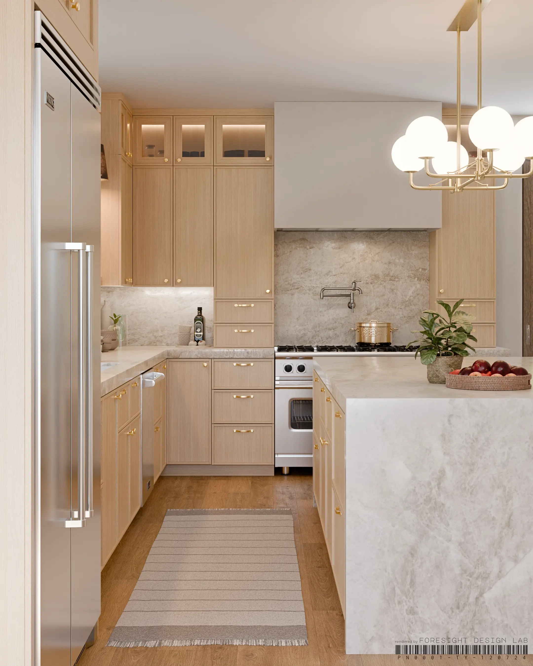 White oak kitchen with honed marble waterfall island — 3D rendering