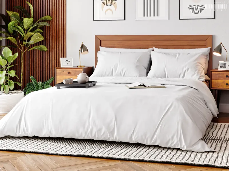Photorealistic 3D rendering of a Mid-Century bedroom with white bed linen