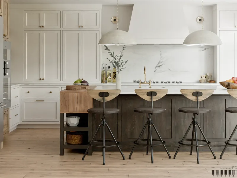 Photorealistic 3D rendering of a modern farmhouse kitchen with marble surfaces
