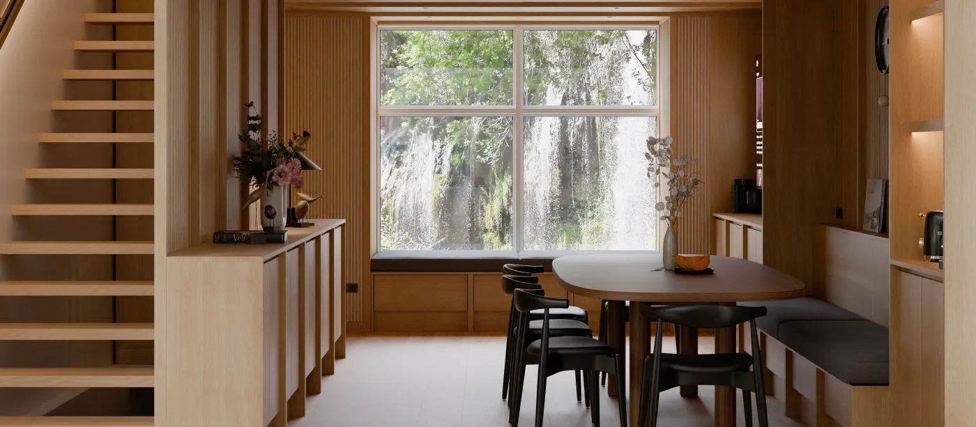Photorealistic 3D rendering of a Japandi-style living room with soft daylight