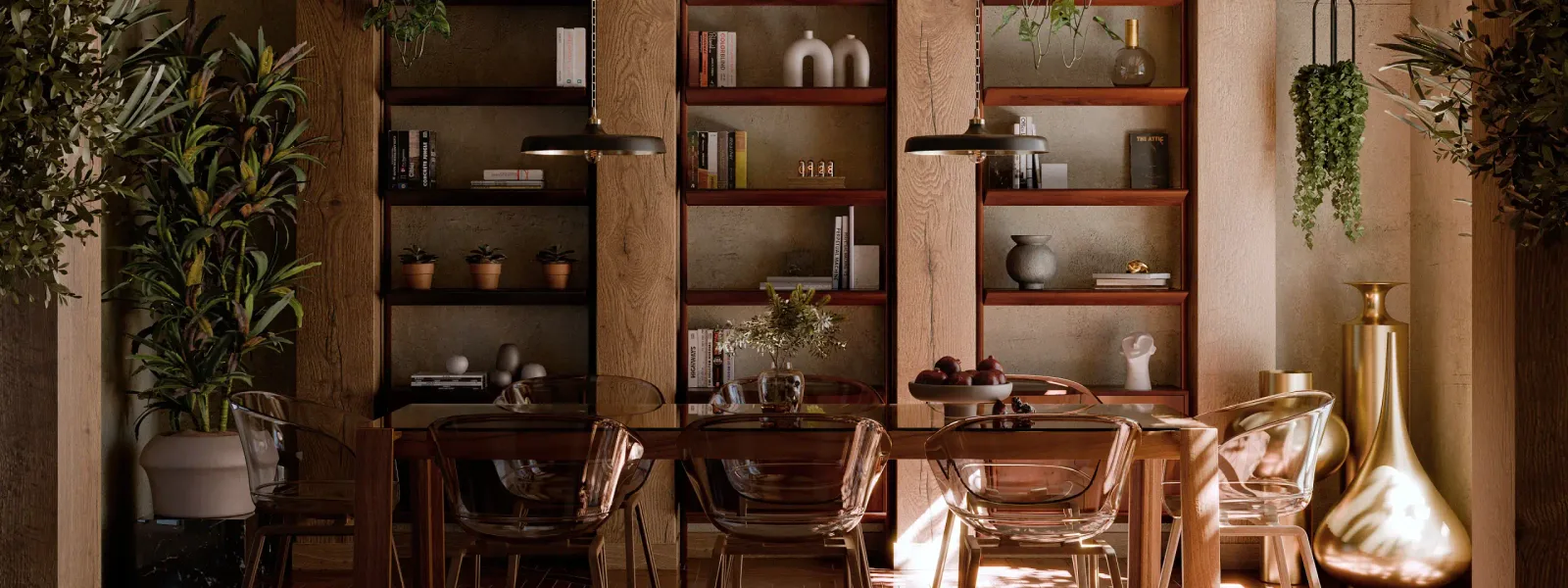 Photorealistic 3D rendering of a warm timber dining room with natural light
