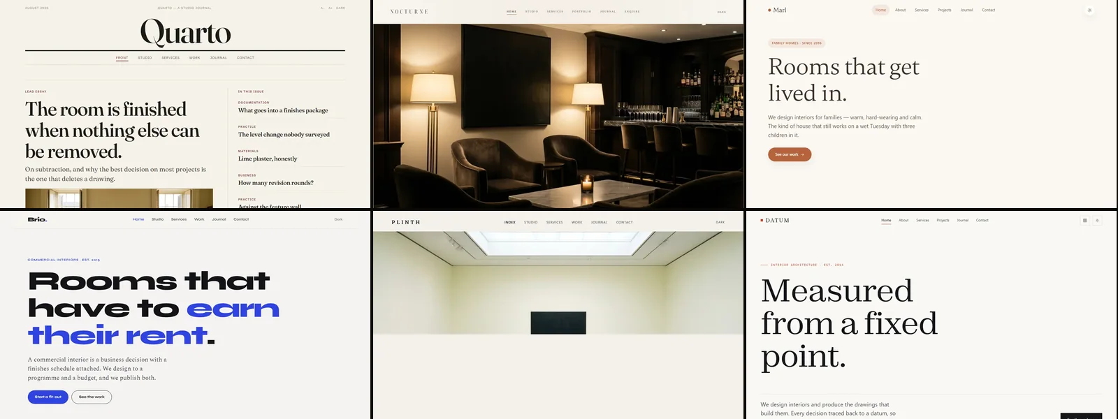 Six of the seven website templates, each in a different house style