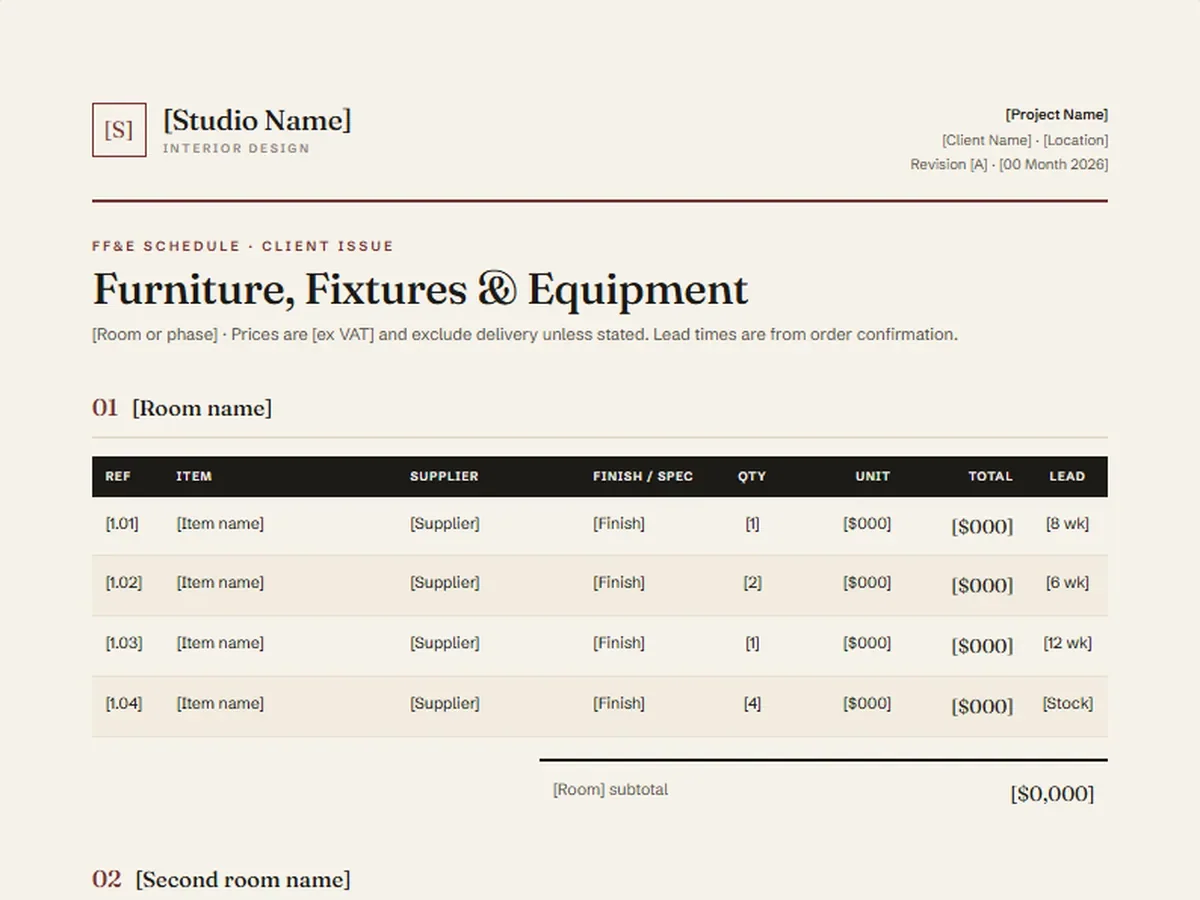 An FF&E schedule from the documentation set, set in the same house style as the website