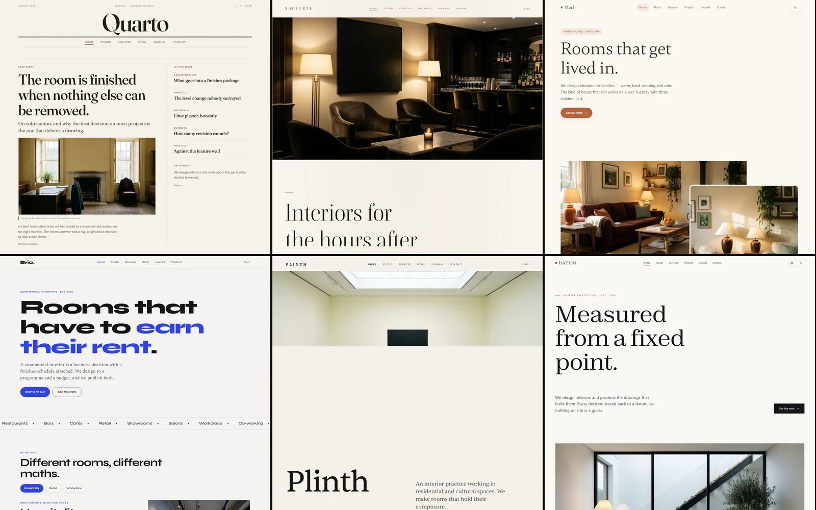 Six of the seven website templates, each in a different house style