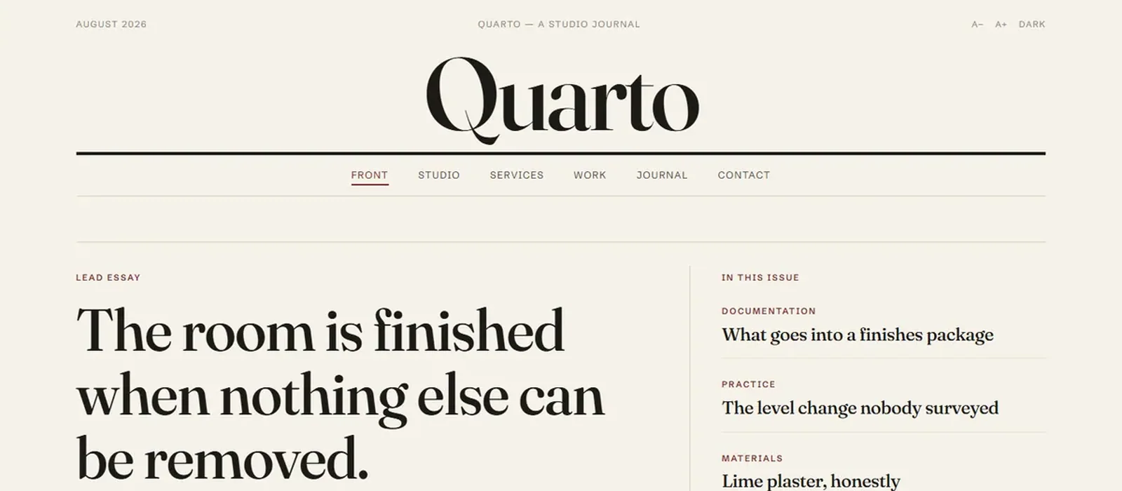 The QUARTO website template — an editorial homepage with a lead essay and a contents column