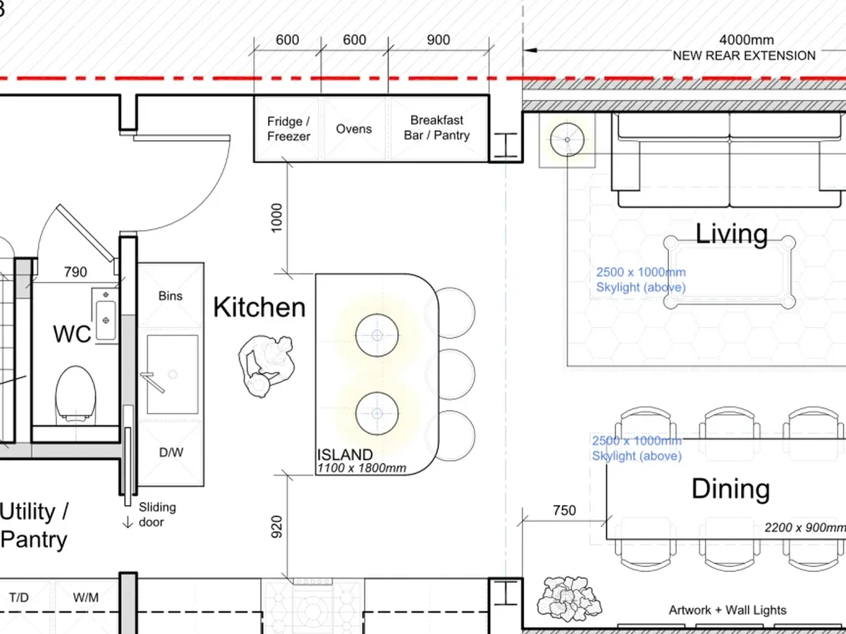 A kitchen layout at 1:50 — appliances, clearances and setting-out dimensions