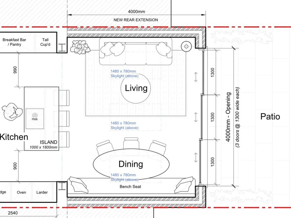 A larder and bench-seat detail, dimensioned and annotated