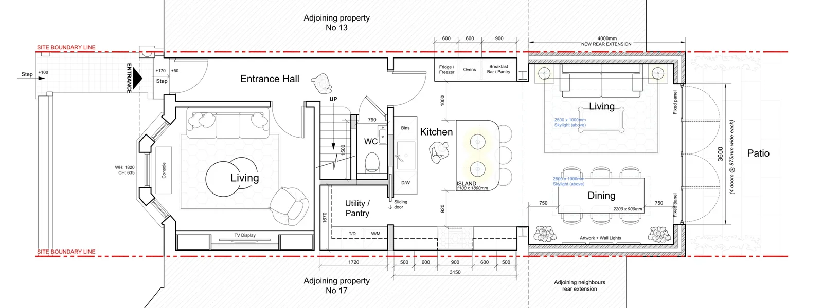 A proposed ground floor layout at 1:50 — dimensioned, hatched, with site boundary lines and the studio's own title block