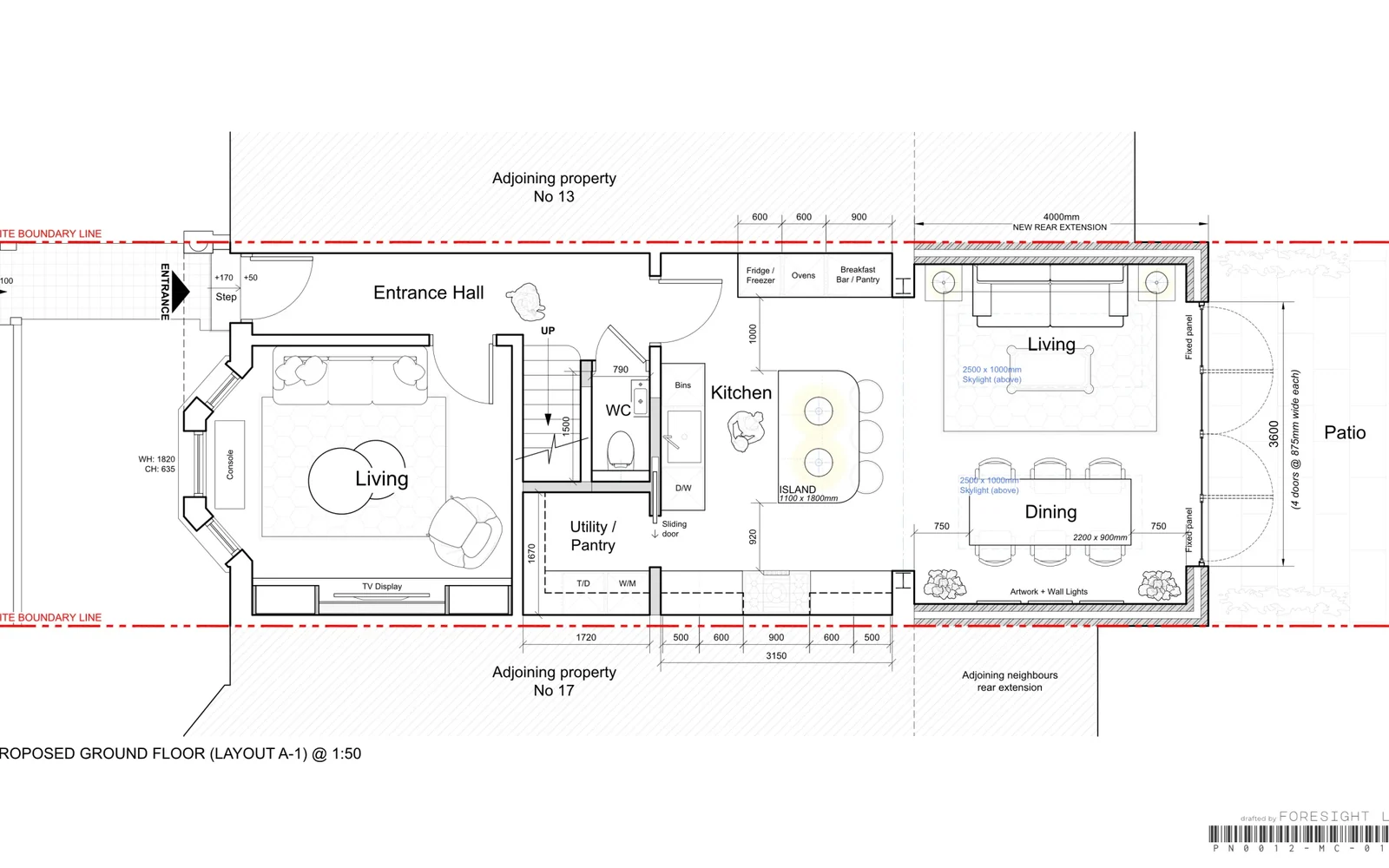 A proposed ground floor layout at 1:50 — dimensioned, hatched, and drawn in the studio's own title block