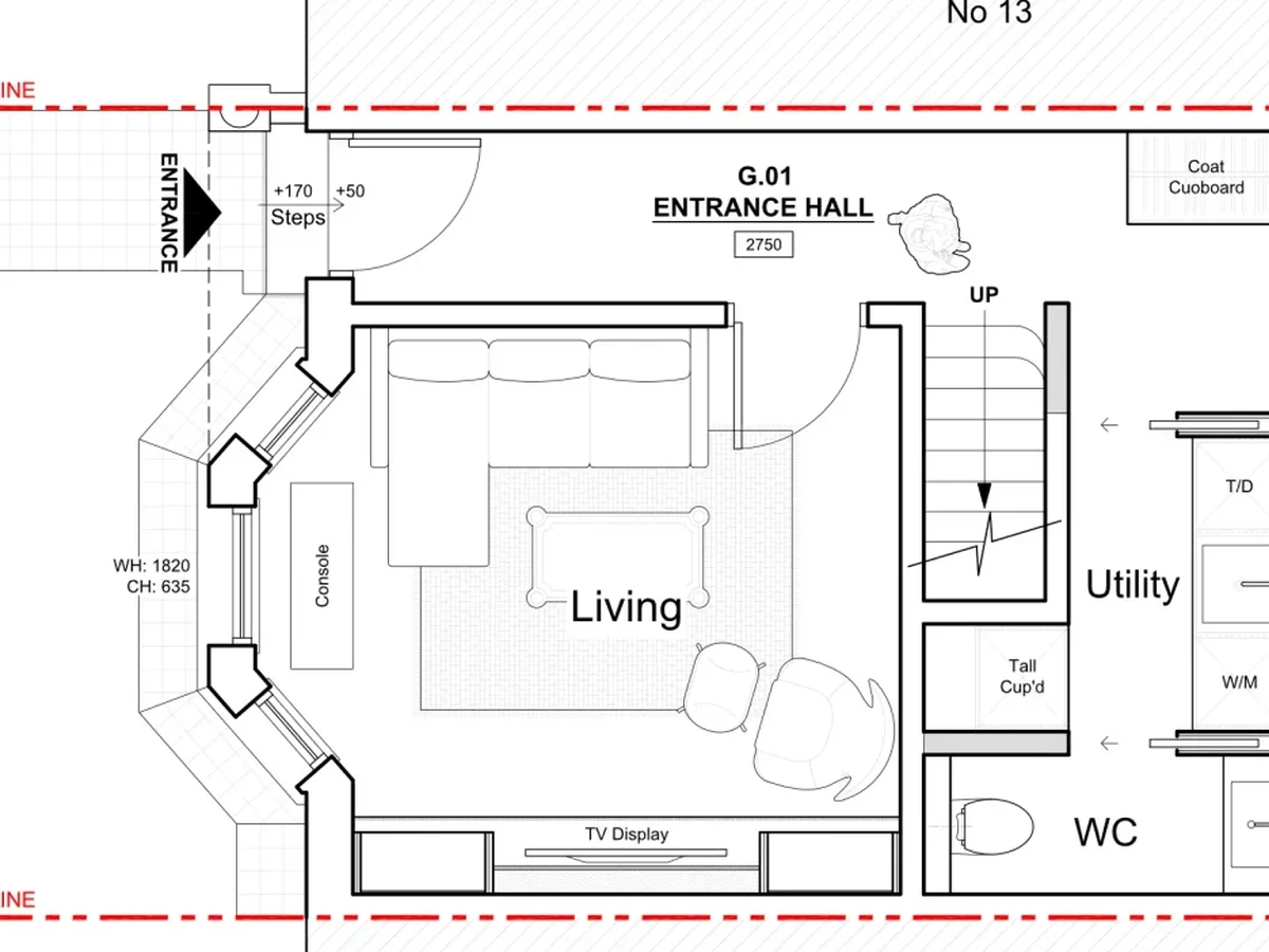 An entrance hall and utility run drawn to the kit’s layer standard