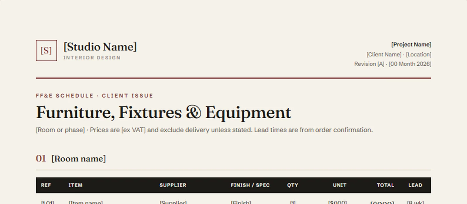 An FF&E schedule: reference, item, supplier, finish, quantity, unit price, total and lead time