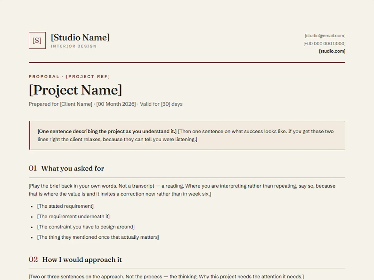 A proposal, opening with the brief played back in the client's own words