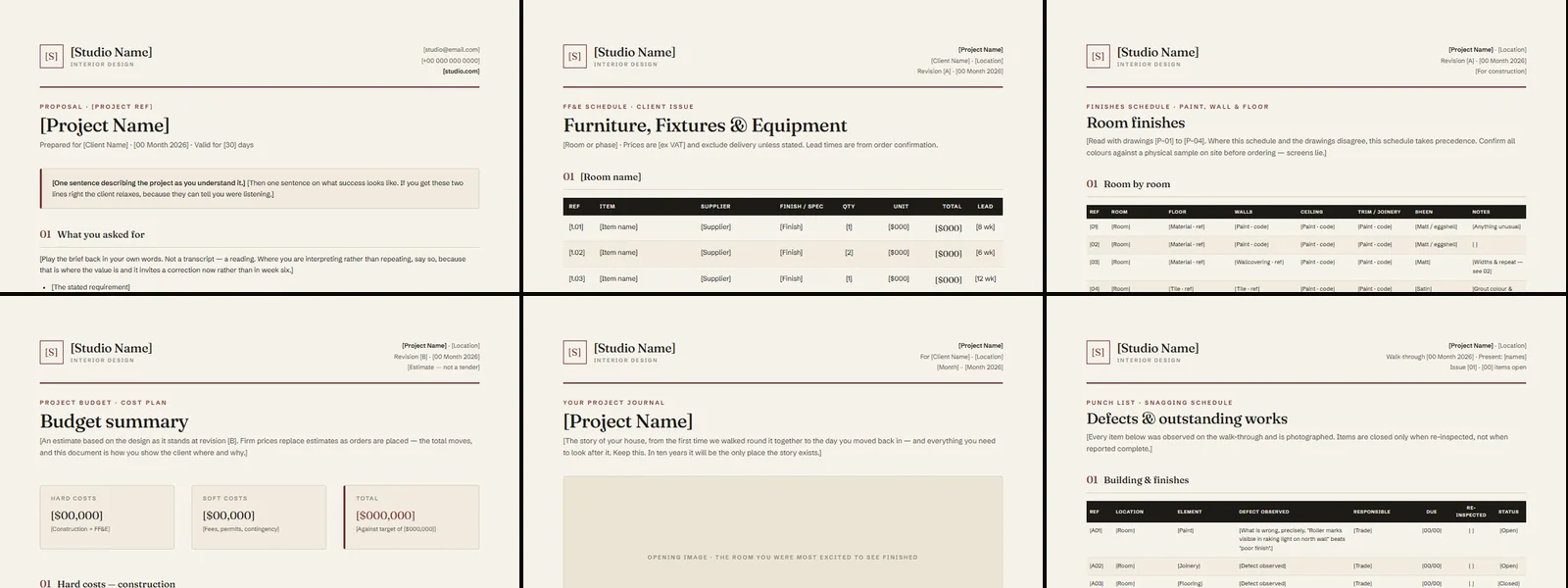 Six documents from the set — proposal, FF&E schedule, room finishes, budget summary, project journal and punch list