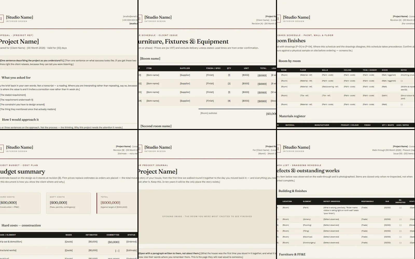 Six documents from the set — proposal, FF&E schedule, room finishes, budget summary, project journal and punch list