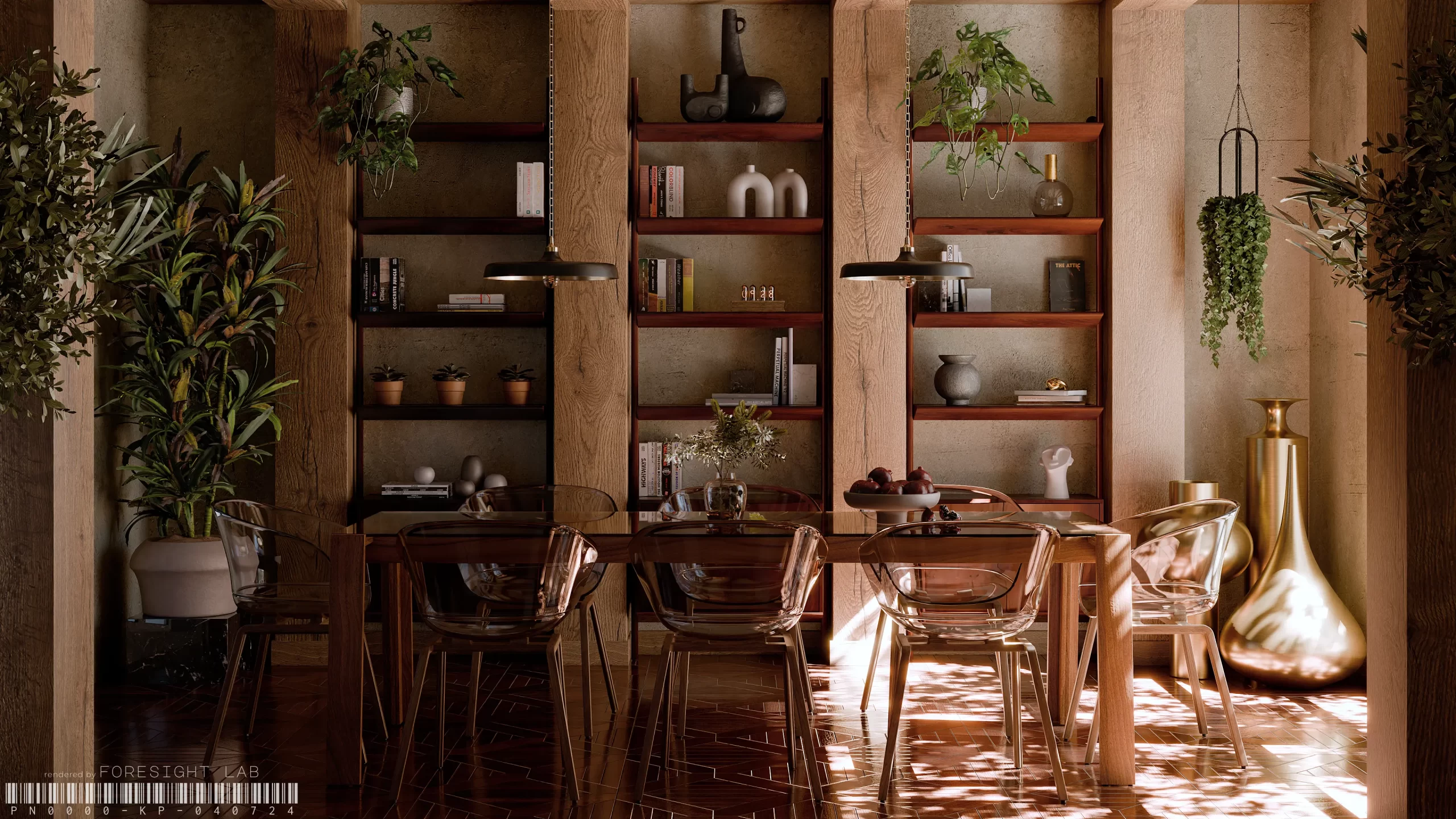 Example of photorealistic 3d renderings of a rustic dining area showcasing textures and lighting.