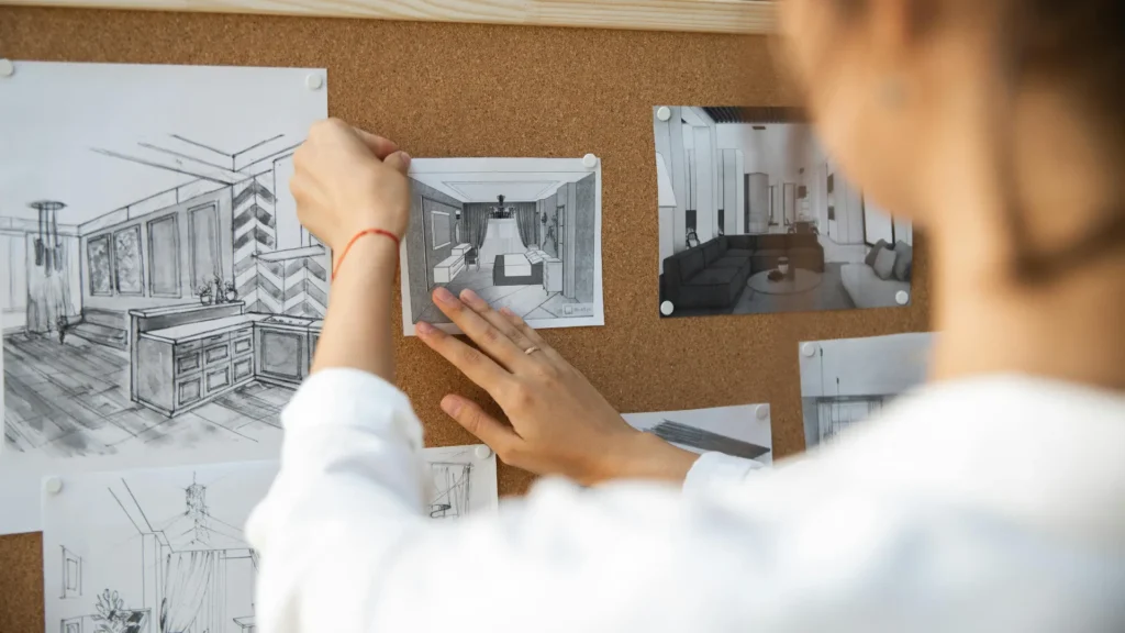 Interior designer sketching unique design concepts, demonstrating creativity and vision in transforming a living space.